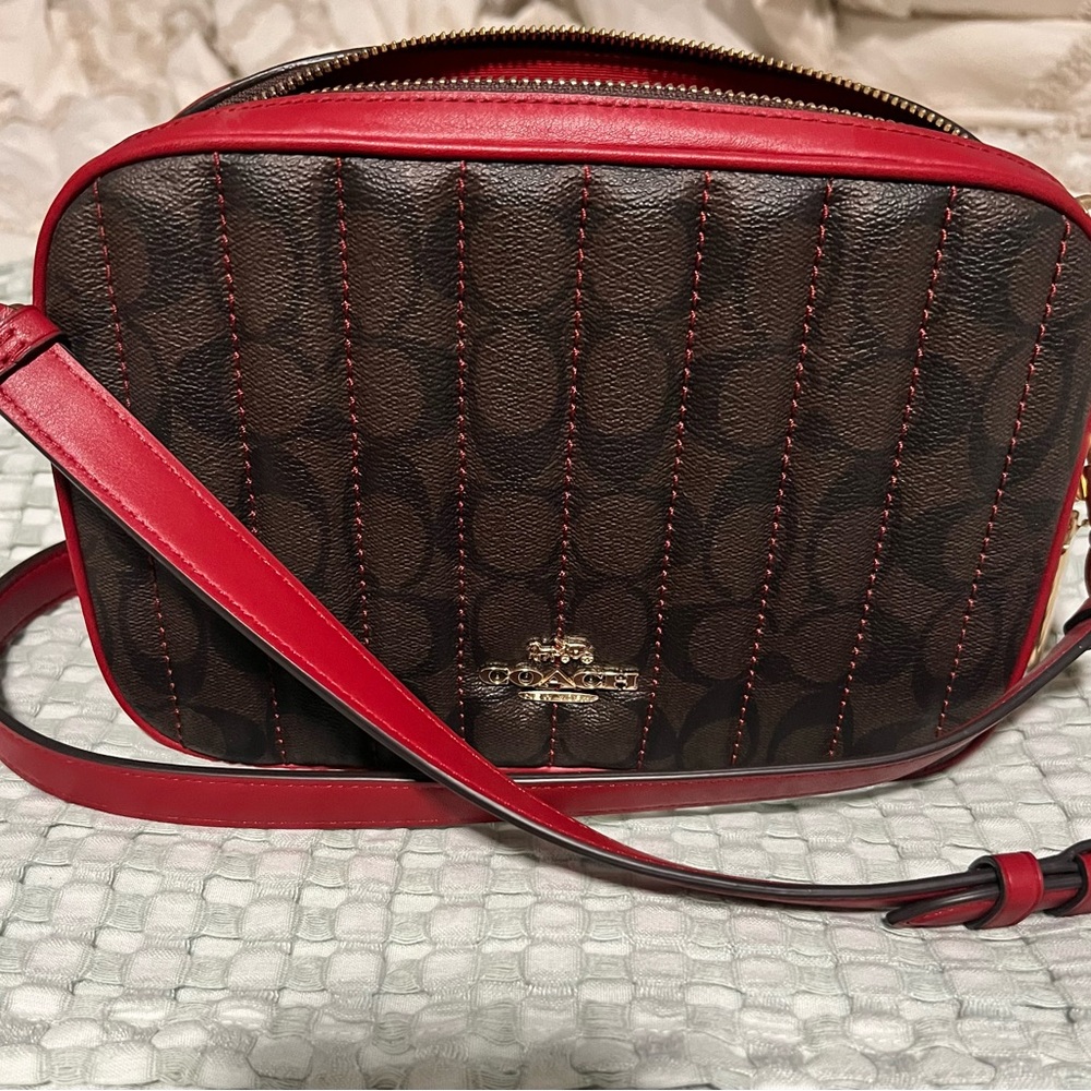 NWOT Coach Jes Red and Brown Signature Crossbody Bag